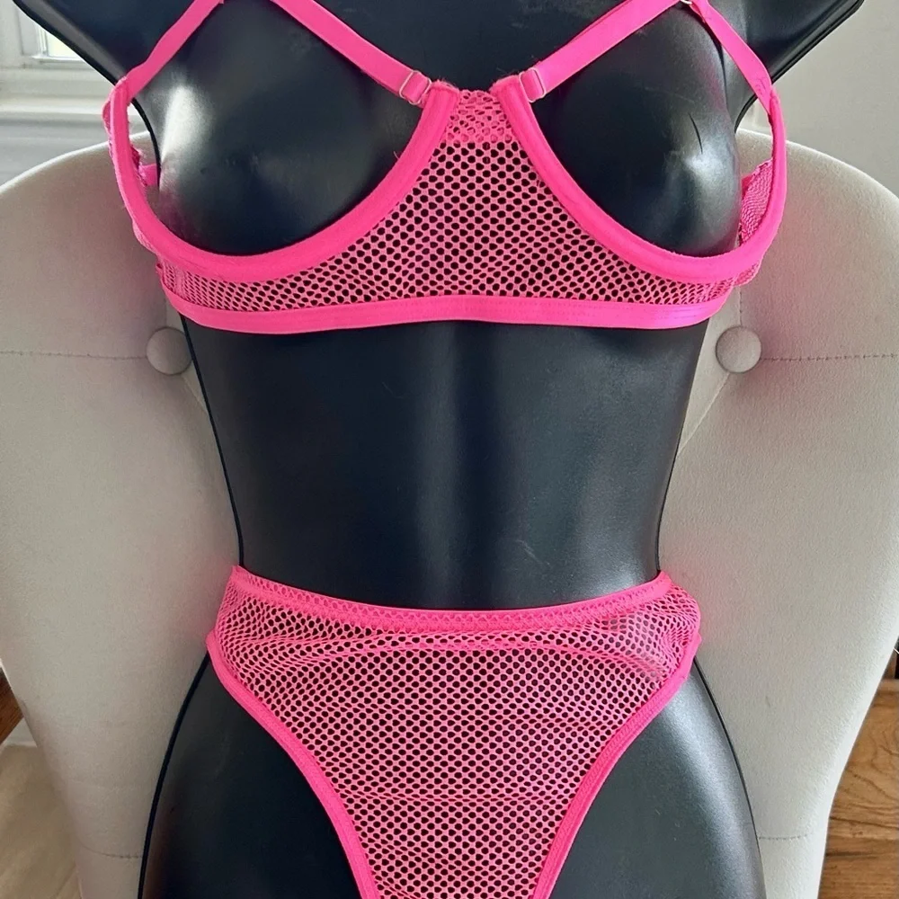 Hot Pink  mesh banded, open bra, and panty set NWOT.